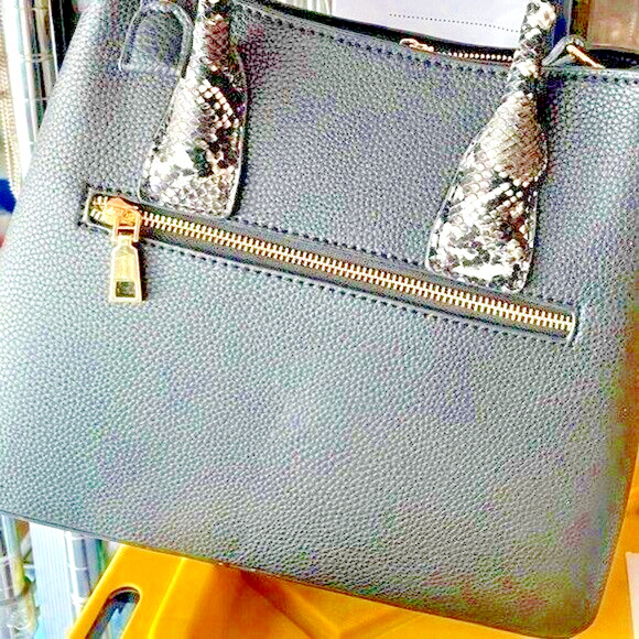 Isabella Womens Leather Double Handled Black Satchel Handbag 12" x 9" x 6"*** - Picture 3 of 10